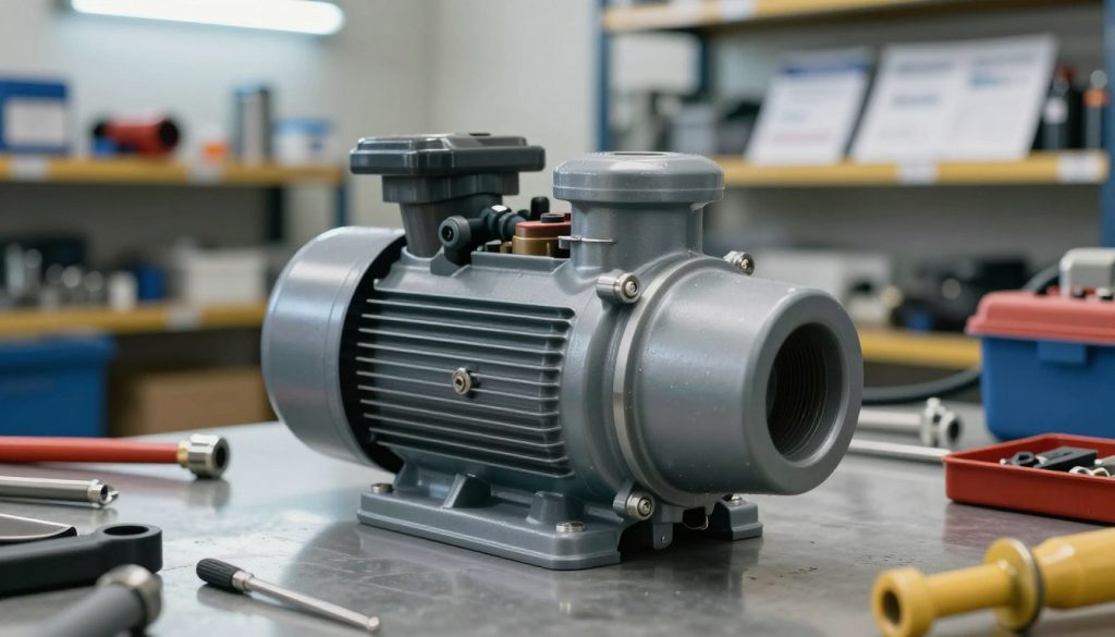 A high-quality submersible pump designed for both clean and dirty water applications, prominently displayed in a maintenance workshop. In the foreground, the pump showcases its robust design, with visible components like the motor housing and discharge port, glistening under bright, overhead LED lights. In the middle ground, tools and maintenance equipment surround the pump, reflecting a professional setting focused on upkeep. The background features shelves stocked with parts and service manuals, enhancing the technical atmosphere. The image captures a sense of precision and readiness, emphasizing the importance of maintenance in ensuring optimal performance. Use a focus on details and textures to create depth, with a slight bokeh effect to distinguish the subject from the environment, achieving a professional and informative look.