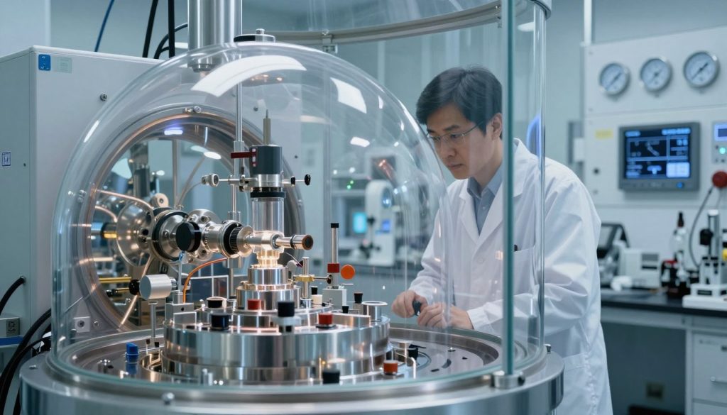 A high-quality vacuum chamber in a sterile laboratory environment. In the foreground, a gleaming, transparent vacuum chamber showcases various scientific instruments inside, reflecting precision engineering. The middle ground features a scientist in a white lab coat, peering closely through a glass panel, embodying diligence and curiosity. The background consists of high-tech equipment, gauges, and digital displays indicating different vacuum levels, all lit by soft, diffuse lighting that creates a calm, focused atmosphere. Utilize a wide-angle lens to emphasize the details in the foreground while maintaining clarity in the background. The overall mood conveys professionalism and the pursuit of scientific understanding in vacuum technology.