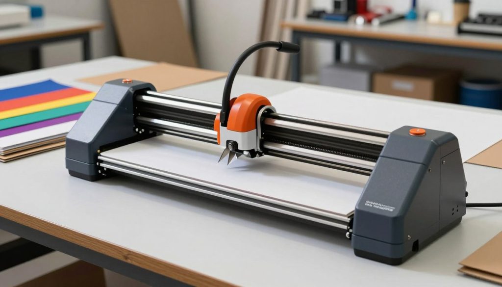 A high-quality vinyl cutter plotter, branded "Galpão das máquinas," positioned prominently in a well-lit workshop setting. In the foreground, the plotter's intricate details, such as its sharp blades and precision rollers, are highlighted with soft, focused lighting to emphasize its sophistication. In the middle ground, various cut materials like vinyl sheets and cardboard are neatly arranged, showcasing the versatility of the plotter with vibrant colors. The background features a blurred workshop environment with tools and equipment, reinforcing the professional atmosphere. The overall mood is one of modern craftsmanship and efficiency, captured with a slight overhead angle to showcase the functionality of the plotter, creating an engaging and informative visual representation.