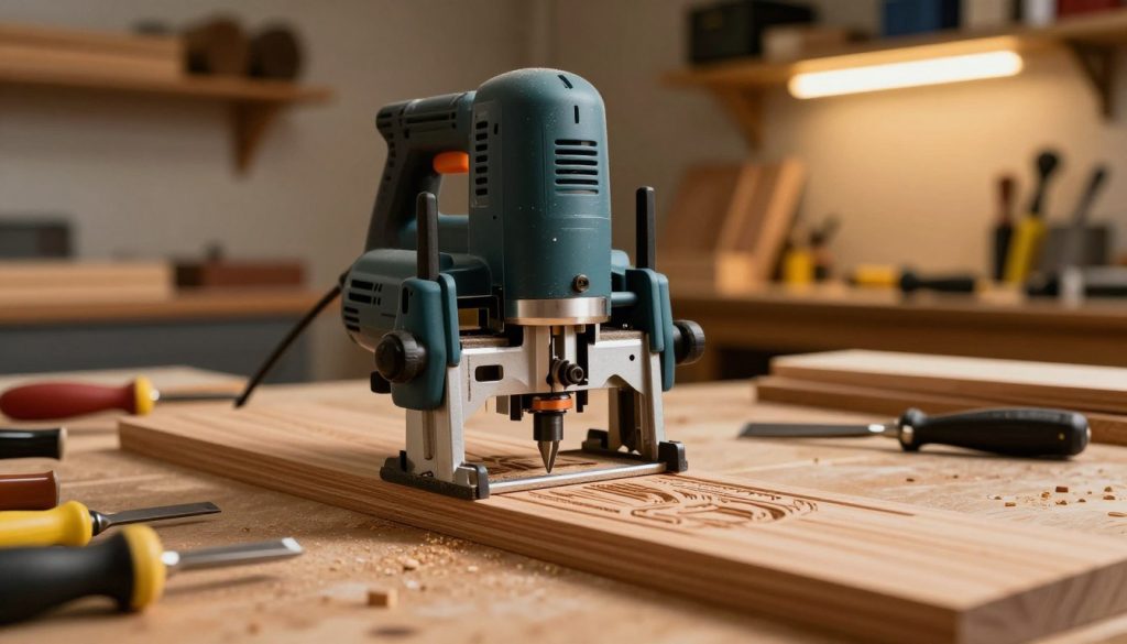 A high-quality woodworking router in action, focused on a piece of smooth, polished wood in the foreground. The router is detailed, showcasing its powerful motor and precise cutting edges, as it carves intricate designs into the wood. In the middle ground, there are scattered tools like chisels and sandpaper, emphasizing the woodworking process, while a workbench laden with materials adds depth. The background features a softly lit workshop, with warm amber lighting illuminating shelves filled with wooden planks and various tools, creating a cozy and productive atmosphere. Capture the energy and craftsmanship of woodwork, highlighting the router's significance in achieving fine details. Use a close-up angle with a shallow depth of field to focus on the router, enhancing the mood of creativity and precision in woodworking.