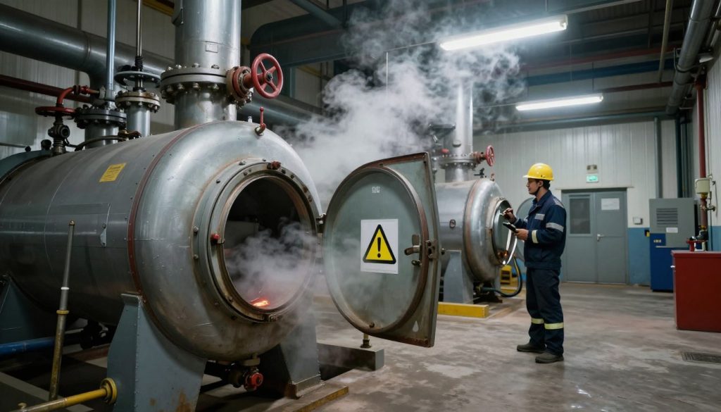 A high-resolution image depicting the fire hazards associated with boilers in an industrial setting. In the foreground, a slightly open boiler door with steam escaping, and a warning sign indicating caution nearby. The middle ground features a technician in professional attire inspecting the boiler with tools in hand, demonstrating safety procedures. The background showcases a large boiler room with pipes and machinery, illuminated by harsh fluorescent lighting, casting stark shadows that enhance the sense of danger. The atmosphere is tense yet focused, highlighting the importance of fire safety in boiler operations. The angle is slightly elevated, providing a comprehensive view of the space while emphasizing the potential risks associated with boiler use.