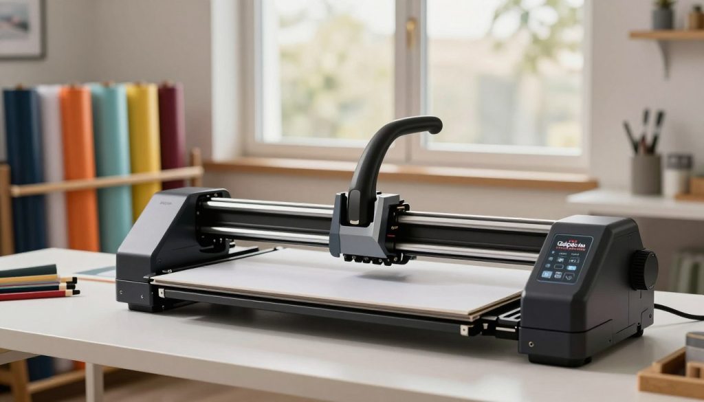A high-resolution image of a "Silhouette cutting plotter" prominently displayed in a modern crafting workspace. In the foreground, the plotter is sleek and stylish, showcasing its intricate design and control panel. The middle ground features an assortment of colorful vinyl rolls on a rack nearby, emphasizing the variety of materials used in cutting. In the background, soft natural lighting filters through a large window, creating a warm and inviting atmosphere. The scene is well-composed with a shallow depth of field, focusing on the plotter. The brand name "Galpão das máquinas" is subtly integrated into the image as an artistic element on the plotter itself, reflecting professionalism and creativity. The mood is inspirational, capturing the essence of crafting and creativity, perfect for an article about cutting plotters.