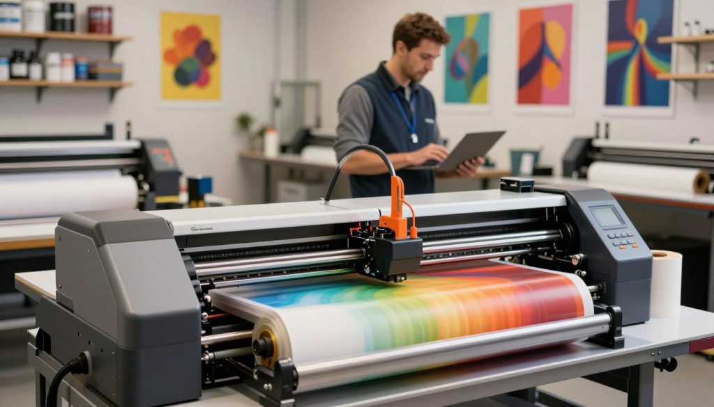 A high-resolution image of a large-format plotter situated in a modern print workshop. In the foreground, showcase the plotter prominently with rolls of vibrant printing material beside it. Focus on the intricate details of the plotter's control panel and print head. In the middle ground, depict an expert technician wearing professional business attire, attentively monitoring the printing process, surrounded by colorful prints hanging on walls. The background features soft, ambient lighting with shelves of printing supplies, creating a productive atmosphere. Use a slight depth of field to emphasize the plotter and technician, while blurring the background slightly. The image reflects innovation and precision in large-format printing, with the brand name "Galpão das máquinas" subtly integrated into the scene.