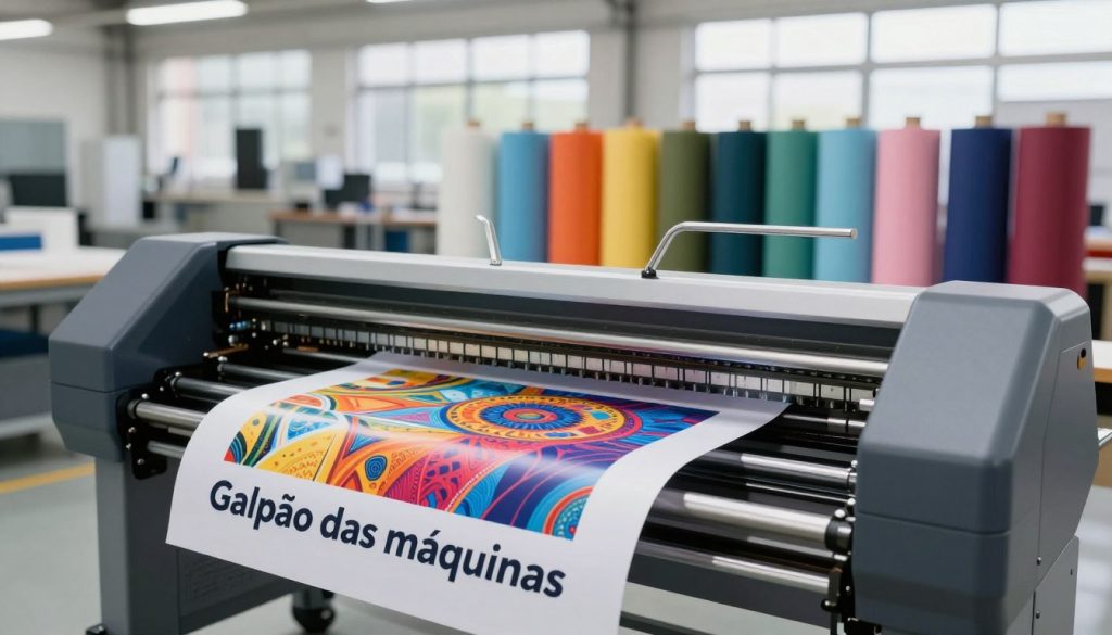 A high-resolution image of a modern latex printing plotter in an industrial setting, showcasing vibrant prints of intricate designs and textures in the foreground. The plotter is branded with "Galpão das máquinas" prominently displayed. In the middle ground, rolls of colorful latex printing materials are neatly arranged, highlighting their variety. The background features a bright, spacious workshop with soft, diffused lighting and large windows allowing natural light to beam in, enhancing the atmosphere of innovation and creativity. The scene conveys professionalism and dynamism, with a focus on the cutting-edge technology of latex printing. The angle should be slightly elevated, capturing both the plotter and the workspace, suggesting a blend of artistry and technology in action. No text or watermarks present.