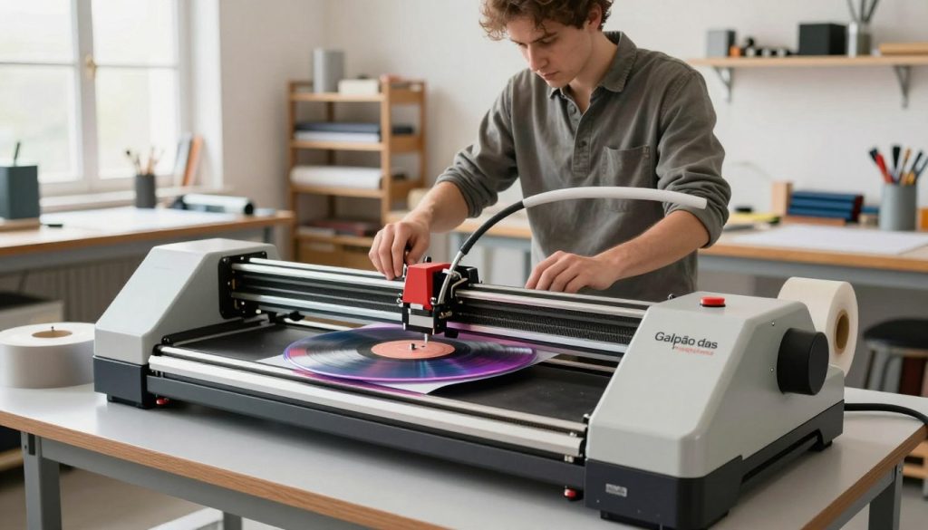 A high-resolution image of a modern vinyl cutting plotter in a well-lit workshop setting. In the foreground, a sleek, professional plotter model from "Galpão das máquinas" is prominently displayed, with cutting blades and vinyl rolls around it. The middle ground features a skilled technician in a modest casual outfit, carefully feeding a roll of colorful vinyl into the machine, showcasing the precision of the equipment. The background includes shelves stocked with various materials and tools, emphasizing a busy, creative environment. Soft, natural light cascades through large windows, creating a bright and inviting atmosphere. The angle is slightly above eye level, allowing for a clear view of the plotter and the technician working diligently. The overall mood is focused and industrious, reflecting the practical applications of cutting plotters in design and fabrication.