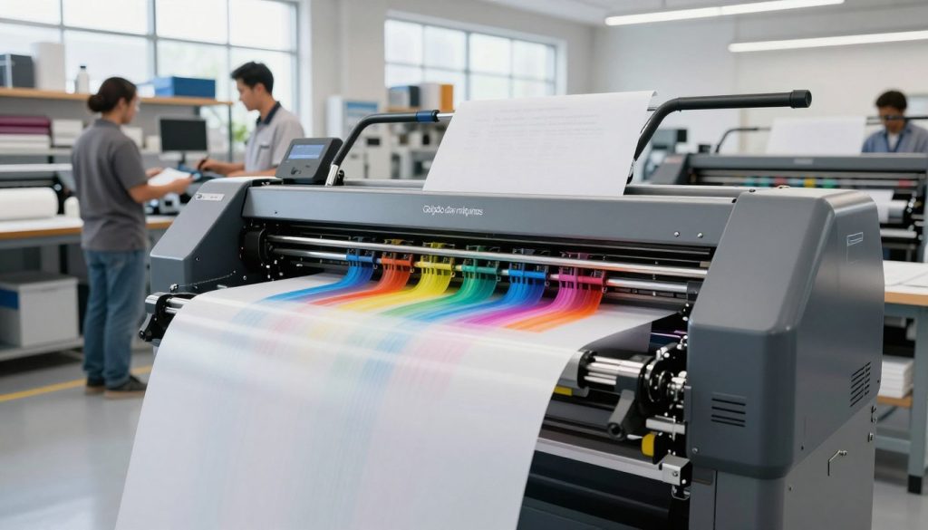 A high-resolution image of a solvent ink printer, specifically branded "Galpão das máquinas," prominently displayed in a modern, well-lit printing workshop. In the foreground, the plotter is detailed with vibrant colors streaming from the print heads onto a large roll of durable media, showcasing its printing capabilities. The middle ground features workers in professional attire, focused on optimizing the printing settings and monitoring output, emphasizing collaboration and high productivity. In the background, shelves stocked with various printable materials and large windows allowing natural light to flood the space, creating a bright and inviting atmosphere. The scene is captured from a slight low angle, enhancing the plotter's imposing presence while ensuring the overall mood reflects innovation and quality in the realm of solvent printing. A high-resolution image of a solvent ink printer, specifically branded "Galpão das máquinas," prominently displayed in a modern, well-lit printing workshop. In the foreground, the plotter is detailed with vibrant colors streaming from the print heads onto a large roll of durable media, showcasing its printing capabilities. The middle ground features workers in professional attire, focused on optimizing the printing settings and monitoring output, emphasizing collaboration and high productivity. In the background, shelves stocked with various printable materials and large windows allowing natural light to flood the space, creating a bright and inviting atmosphere. The scene is captured from a slight low angle, enhancing the plotter's imposing presence while ensuring the overall mood reflects innovation and quality in the realm of solvent printing.