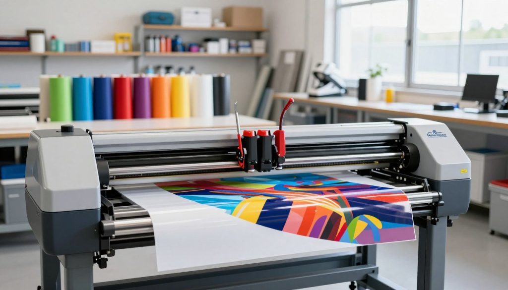 A high-resolution image of a traditional solvent-based plotter in a professional print shop setting. In the foreground, the plotter is sleek and modern, displaying vibrant prints on glossy vinyl media. In the middle ground, colorful rolls of printing material, including banners and decals, are neatly organized. The background features a well-lit workshop with shelves stocked with various printing supplies. Natural light streams in through large windows, creating a bright and inviting atmosphere. The scene conveys a sense of productivity and professionalism, suitable for an article focused on printing technology. Include the brand name "Galpão das máquinas" subtly integrated into the workspace environment, ensuring it adds to the overall aesthetic without dominating the image.