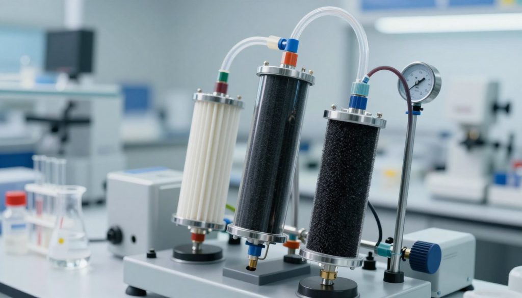 A high-resolution image of a vacuum filter system in a laboratory setting, featuring various types of filters such as HEPA, activated carbon, and membrane filters, placed prominently in the foreground. The filters should be connected to a vacuum pump, with flexible tubing and gauges visible, showcasing their intricate details. In the middle ground, blurred laboratory equipment like beakers and test tubes should create an engaging context without overwhelming the main focus. The background should show a clean, well-organized lab space with soft, diffused lighting to emphasize a professional atmosphere. The angle should be slightly tilted, capturing the components from above to give a dynamic perspective, while creating a feeling of depth and sophistication. The mood should convey precision and clarity, suitable for a technical article display.