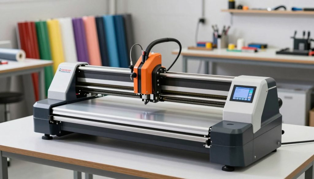 A high-resolution image of an industrial cutting plotter, specifically from the brand "Galpão das máquinas," prominently displayed in a well-lit workshop setting. In the foreground, the plotter's sleek design showcases its advanced technology, featuring precision blades and a digital interface, emphasizing its capabilities for serial production. In the middle ground, various rolls of colorful vinyl and materials are neatly organized, illustrating the versatility of the machine for different production needs. The background features a clean, professional workspace with tools and equipment, further enhancing the industrial atmosphere. Soft, diffused lighting highlights the shiny surfaces of the plotter while creating a focused yet inviting mood, inviting viewers to explore the innovative world of cutting plotters in production.