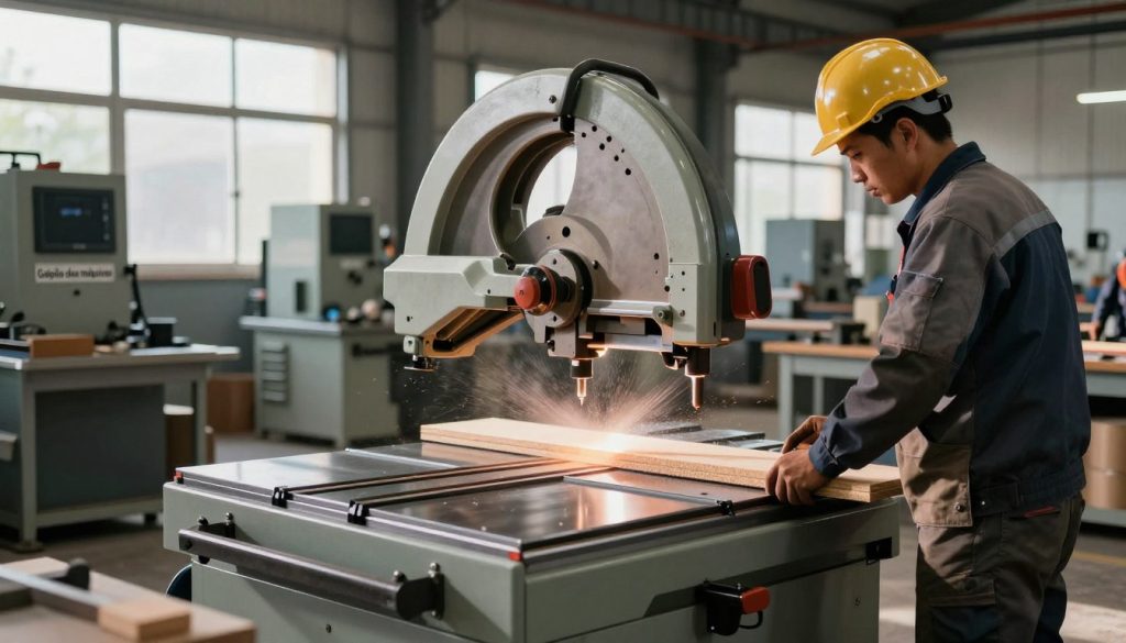 A high-resolution image of an industrial setting showcasing a band saw in action, demonstrating its various applications. In the foreground, a professional worker, dressed in a safety helmet and industrial work attire, is using the band saw to cut through metal and wood. The middle ground features a well-organized workshop environment with machinery and tools typical of industrial use, labeled with "Galpão das máquinas." In the background, large windows allow natural light to flood the space, casting soft, dynamic shadows that enhance the atmosphere of productivity. The composition should emphasize precision and efficiency, with a focus on the band saw's cutting mechanism. The mood is industrious and focused, reflecting the essential role of this tool in various sectors.