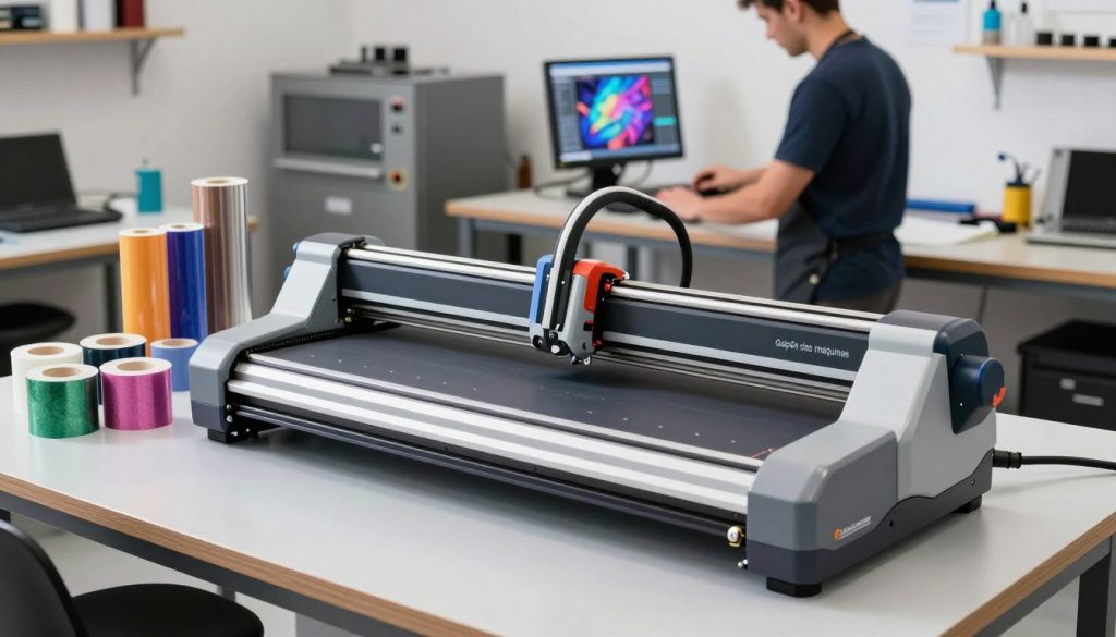 A high-resolution image showcasing a modern cutting plotter for visual communication, prominently displayed on a sleek workbench in a professional workspace. In the foreground, the plotter is intricately designed, with colorful adhesive vinyl rolls neatly arranged nearby, showcasing various textures and finishes. In the middle ground, a skilled technician in professional attire operates the plotter, focused and precise, with a visual display showing a vibrant design being cut. The background features a well-lit, organized workshop with equipment and tools relevant to graphic design and signage creation. The lighting is bright and natural, enhancing the colors and details. Mood reflects a sense of innovation and creativity, capturing the essence of the cutting plotter's significant applications in today's market. The brand name "Galpão das máquinas" is subtly integrated into the scene, highlighting its prominence in the industry. A high-resolution image showcasing a modern cutting plotter for visual communication, prominently displayed on a sleek workbench in a professional workspace. In the foreground, the plotter is intricately designed, with colorful adhesive vinyl rolls neatly arranged nearby, showcasing various textures and finishes. In the middle ground, a skilled technician in professional attire operates the plotter, focused and precise, with a visual display showing a vibrant design being cut. The background features a well-lit, organized workshop with equipment and tools relevant to graphic design and signage creation. The lighting is bright and natural, enhancing the colors and details. Mood reflects a sense of innovation and creativity, capturing the essence of the cutting plotter's significant applications in today's market. The brand name "Galpão das máquinas" is subtly integrated into the scene, highlighting its prominence in the industry.