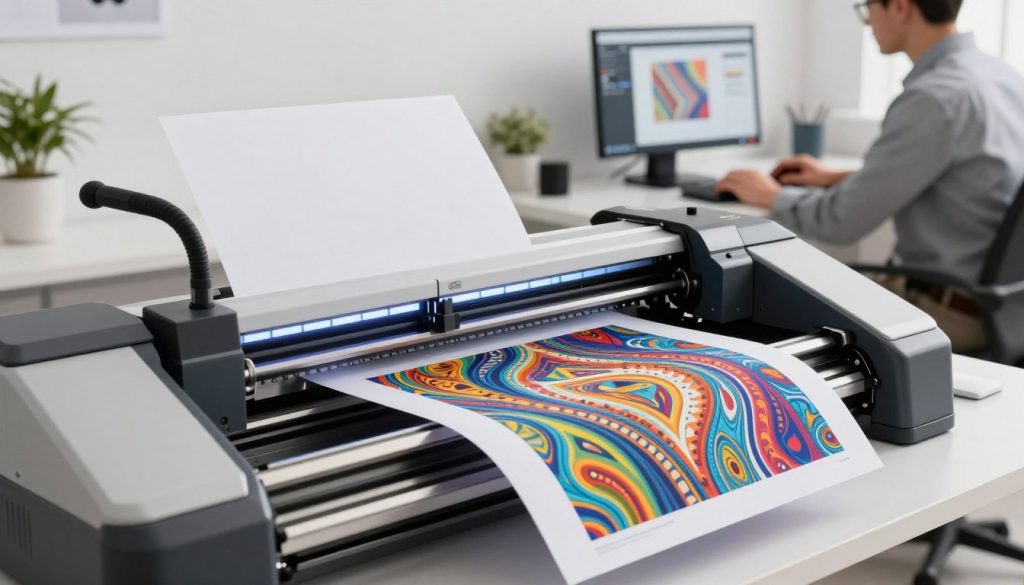 A high-resolution image showcasing a modern plotter printing detailed digital prints in a well-lit, organized workspace. In the foreground, focus on the plotter, prominently featuring its control panel illuminated by soft LED lights. In the middle ground, vibrant, colorful prints are being produced, displaying intricate patterns and sharp details, pointing to the print quality. The background should include a professional designer in business attire analyzing print settings on a computer, highlighting the connection between software adjustments and print quality. Use natural lighting to create a bright, inspiring atmosphere, emphasizing precision and professionalism in the printing process. Include the brand "Galpão das máquinas" subtly integrated into the workspace design, ensuring a cohesive, polished look. A high-resolution image showcasing a modern plotter printing detailed digital prints in a well-lit, organized workspace. In the foreground, focus on the plotter, prominently featuring its control panel illuminated by soft LED lights. In the middle ground, vibrant, colorful prints are being produced, displaying intricate patterns and sharp details, pointing to the print quality. The background should include a professional designer in business attire analyzing print settings on a computer, highlighting the connection between software adjustments and print quality. Use natural lighting to create a bright, inspiring atmosphere, emphasizing precision and professionalism in the printing process. Include the brand "Galpão das máquinas" subtly integrated into the workspace design, ensuring a cohesive, polished look.