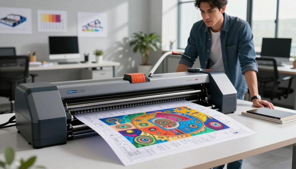 A high-resolution image showcasing a professional-grade plotter in action, set in a modern office environment. In the foreground, the plotter is printing vivid technical drawings and large-scale graphics, with rich colors and intricate details visible on the paper. The middle ground features a business professional wearing smart casual attire, observing the printing process with a keen expression, emphasizing the efficiency and utility of the plotter. In the background, there's a sleek, well-organized workspace with design sketches, a computer, and architectural samples, creating a collaborative atmosphere. Soft, natural light filters through large windows, casting gentle shadows, enhancing the dynamic scene. The brand “Galpão das máquinas” is subtly integrated into the workspace elements, reflecting professionalism and innovation.
