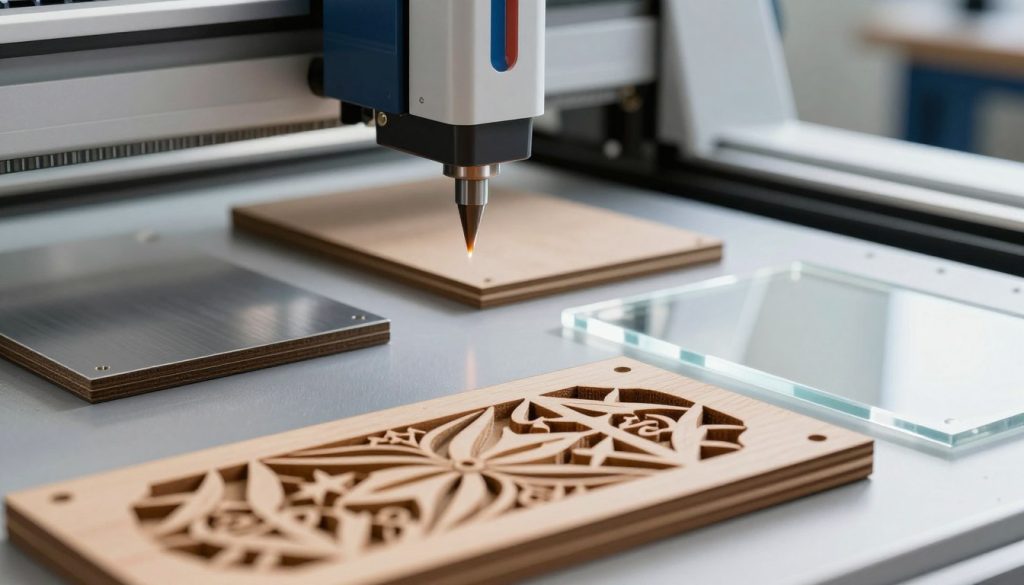 A high-resolution image showcasing the precision of laser cutting on various materials including wood, metal, and acrylic. In the foreground, a close-up view of a laser cutter’s beam focusing on cleanly cut edges of an intricately detailed wooden piece, emphasizing precision. In the middle ground, diverse materials lay semi-arranged, highlighting the uniqueness of each cut surface—smooth metal and transparent acrylic reflecting light. The background features a sleek, modern workshop setting with soft, diffused lighting that enhances the clarity of the materials and cuts. The scene is well-composed to convey a professional atmosphere, evoking a sense of innovation and craftsmanship in laser cutting technology. A high-resolution image showcasing the precision of laser cutting on various materials including wood, metal, and acrylic. In the foreground, a close-up view of a laser cutter’s beam focusing on cleanly cut edges of an intricately detailed wooden piece, emphasizing precision. In the middle ground, diverse materials lay semi-arranged, highlighting the uniqueness of each cut surface—smooth metal and transparent acrylic reflecting light. The background features a sleek, modern workshop setting with soft, diffused lighting that enhances the clarity of the materials and cuts. The scene is well-composed to convey a professional atmosphere, evoking a sense of innovation and craftsmanship in laser cutting technology.