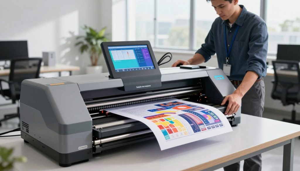 A high-resolution plotter from "Galpão das máquinas" situated in a well-lit modern office environment. In the foreground, the plotter is elegantly designed with sleek lines and a vibrant display panel, showcasing intricate details of printed graphics on high-quality paper. In the middle, a technician in professional attire is carefully adjusting the plotter, focusing on the settings that enhance print resolution. The background features a contemporary workspace with large windows allowing natural light to flood the room, casting soft shadows and giving an airy feel. The overall mood is one of professionalism and precision, emphasizing the importance of resolution in print quality. The angle captures both the plotter and the technician, highlighting the sophisticated technology in action.