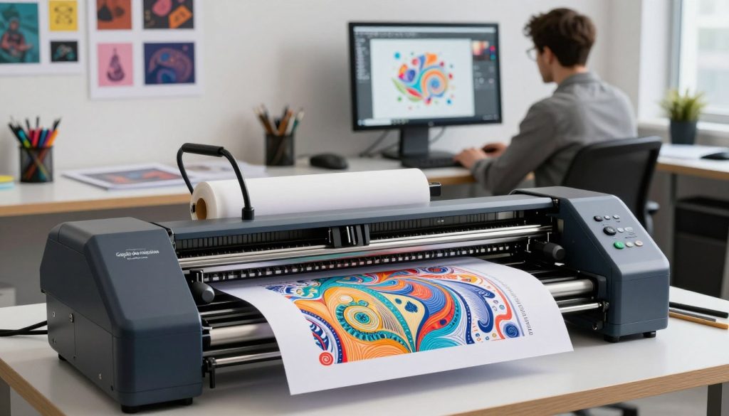 A high-resolution printing plotter from the brand "Galpão das máquinas" is prominently displayed in a modern, well-lit graphic design studio. In the foreground, the plotter is showcased with vibrant rolls of inked paper, showcasing intricate designs. The middle ground features a large monitor displaying digital artwork, with a designer in professional attire attentively observing the output. The background reveals a clean, organized workspace with art supplies and samples of printed materials neatly arranged. Soft, diffuse lighting emphasizes the details and colors of the printed designs, creating an inspiring and productive atmosphere. Capture the precision and sophistication of high-resolution printing technology while evoking an innovative spirit in the visual communication field. A high-resolution printing plotter from the brand "Galpão das máquinas" is prominently displayed in a modern, well-lit graphic design studio. In the foreground, the plotter is showcased with vibrant rolls of inked paper, showcasing intricate designs. The middle ground features a large monitor displaying digital artwork, with a designer in professional attire attentively observing the output. The background reveals a clean, organized workspace with art supplies and samples of printed materials neatly arranged. Soft, diffuse lighting emphasizes the details and colors of the printed designs, creating an inspiring and productive atmosphere. Capture the precision and sophistication of high-resolution printing technology while evoking an innovative spirit in the visual communication field.