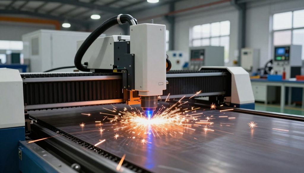 A high-tech CO2 laser cutting machine in action, showcasing its precision as it slices through a thick sheet of metal. In the foreground, sparks fly dramatically, illuminated by the bright blue and orange glow of the laser beam. The middle ground features the intricate cutting process, emphasizing details like the machine's controls and the sharp edges of the material being cut. In the background, a modern industrial workshop is visible, with high ceilings, equipment, and tools organized neatly, reflecting a clean and efficient working environment. The lighting is bright and focused on the laser, creating a stark contrast with the shadowed corners of the workshop. The atmosphere is one of innovation and advanced technology, ideal for illustrating the cutting-edge capabilities of CO2 laser cutting.
