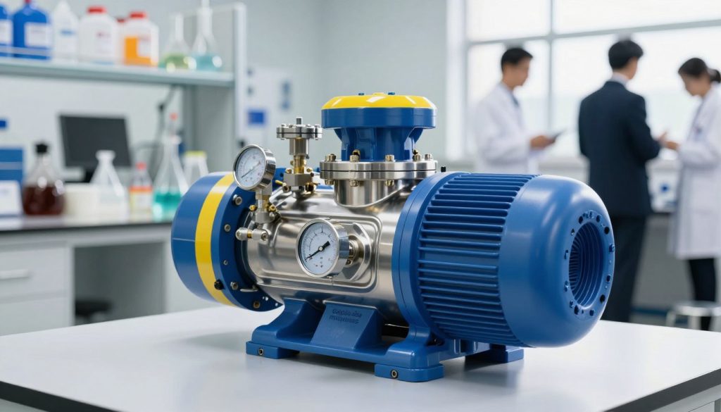 A high-tech centrifugal pump designed for chemical liquids, prominently displayed in the foreground, featuring a sleek metallic body with vibrant blue and yellow accents. The casing reflects intricate details of valves and gauges, showcasing its advanced engineering. In the middle ground, a laboratory environment with shelves filled with various chemical containers and safety equipment, illuminated by bright, natural lighting that enhances the clarity of the scene. In the background, blurred silhouettes of researchers in professional business attire, engaged in safety protocols. The atmosphere conveys a sense of innovation and precision in chemical handling. The brand name "Galpão das máquinas" is subtly integrated into the pump's design. The angle captures the pump in a dynamic perspective, creating an engaging visual narrative. A high-tech centrifugal pump designed for chemical liquids, prominently displayed in the foreground, featuring a sleek metallic body with vibrant blue and yellow accents. The casing reflects intricate details of valves and gauges, showcasing its advanced engineering. In the middle ground, a laboratory environment with shelves filled with various chemical containers and safety equipment, illuminated by bright, natural lighting that enhances the clarity of the scene. In the background, blurred silhouettes of researchers in professional business attire, engaged in safety protocols. The atmosphere conveys a sense of innovation and precision in chemical handling. The brand name "Galpão das máquinas" is subtly integrated into the pump's design. The angle captures the pump in a dynamic perspective, creating an engaging visual narrative.