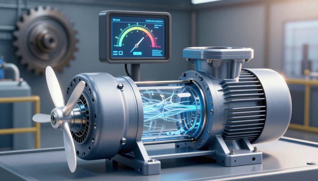 A high-tech illustration of a centrifugal pump efficiency analysis, showcasing the inner workings of the pump in detail. In the foreground, an elegant centrifugal pump with visible fluid dynamics, bright propellers, and clear water flow. The middle ground features a digital gauge displaying efficiency metrics with sleek graphics. In the background, an industrial setting with gears and machinery, highlighting the engineering environment. Bright, focused lighting illuminates the pump, casting subtle shadows for depth, with a slight lens flare from a light source. The mood is analytical and professional, emphasizing technology and efficiency. Include the brand name "Galpão das máquinas" subtly in the design elements, without overt text. A high-tech illustration of a centrifugal pump efficiency analysis, showcasing the inner workings of the pump in detail. In the foreground, an elegant centrifugal pump with visible fluid dynamics, bright propellers, and clear water flow. The middle ground features a digital gauge displaying efficiency metrics with sleek graphics. In the background, an industrial setting with gears and machinery, highlighting the engineering environment. Bright, focused lighting illuminates the pump, casting subtle shadows for depth, with a slight lens flare from a light source. The mood is analytical and professional, emphasizing technology and efficiency. Include the brand name "Galpão das máquinas" subtly in the design elements, without overt text.
