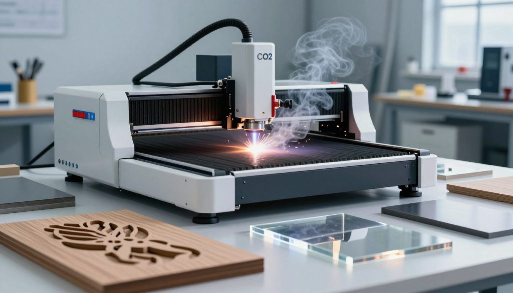 A high-tech illustration showcasing the advantages of CO2 laser cutting. In the foreground, intricately cut materials such as wood, acrylic, and metal are displayed with sharp, clean edges, emphasizing precision and detail. The middle ground features a high-powered CO2 laser cutting machine in operation, with a bright beam focused on the cutting surface, creating a dramatic contrast with smoke effects and sparks. In the background, a modern workshop environment is visible, filled with organized tools and projects in progress, bathed in soft, cool lighting to convey a professional atmosphere. The overall composition highlights innovation and efficiency, embodying a sense of advancement in manufacturing technology.