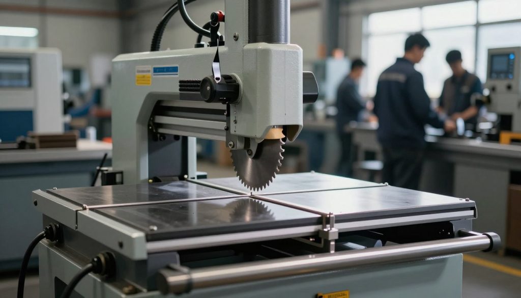 A high-tech industrial band saw, prominently displayed in the foreground, showcasing its sharp, serrated blade and sturdy frame. The saw should be surrounded by a workshop environment with machinery and tools in the middle ground, indicating its usage in manufacturing. In the background, soft-focus silhouettes of workers in professional attire, diligently operating other machinery, convey a sense of industrious activity. The lighting is bright and focused, highlighting the saw's features while casting soft shadows to create depth. The image should evoke a mood of precision and efficiency, encapsulating the essential role of the band saw in industrial settings. Include branding elements indicating "Galpão das máquinas" subtly on the machinery.