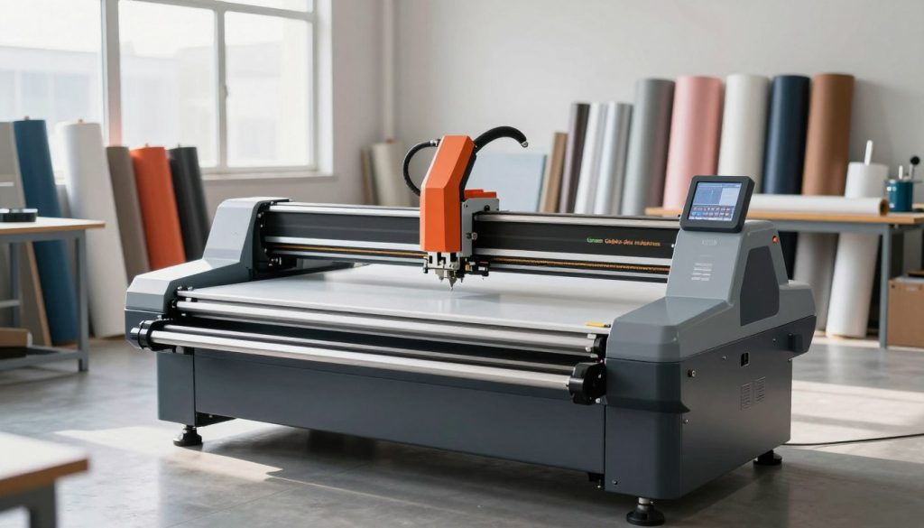 A high-tech industrial cutting plotter from the brand "Galpão das máquinas" is the focal point of the image, situated in a well-lit workshop environment. In the foreground, the cutting plotter is showcased with its sleek design, advanced control panel, and precision cutting blades. The middle ground features rolls of colorful vinyl and other materials neatly organized, hinting at the versatility of the machine. In the background, a large window allows natural light to flood the space, illuminating the sleek, modern machinery and creating a professional atmosphere. The lighting should highlight the details of the plotter, casting soft shadows for depth. The overall mood conveys efficiency and innovation, perfect for illustrating industrial production.