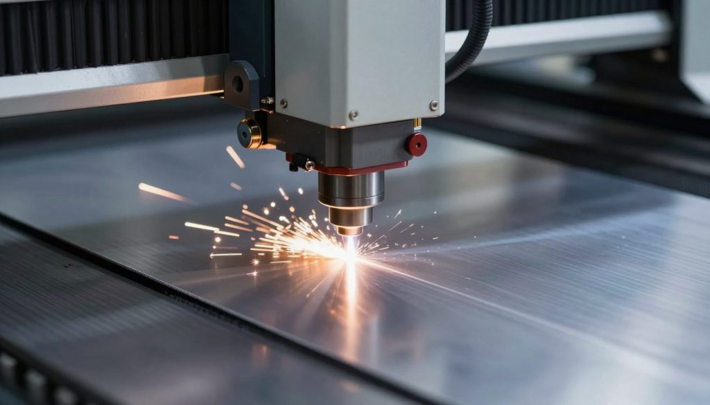 A high-tech laser cutting machine in action, capturing the moment of precision as it slices through a sheet of metal. The foreground features the laser beam, bright and focused, creating a vivid contrast against the shiny surface of the material. In the middle ground, the intricate details of the cutting tip and the edge of the metal sheet are sharply defined, showing the smoothness of the cut and the sparks flying. The background is filled with soft industrial lighting that enhances the high-tech atmosphere while casting gentle shadows. The scene is shot from a slightly elevated angle, emphasizing the dynamics of the cutting process. The mood is one of innovation and precision, showcasing the relationship between cutting speed and quality in laser technology.