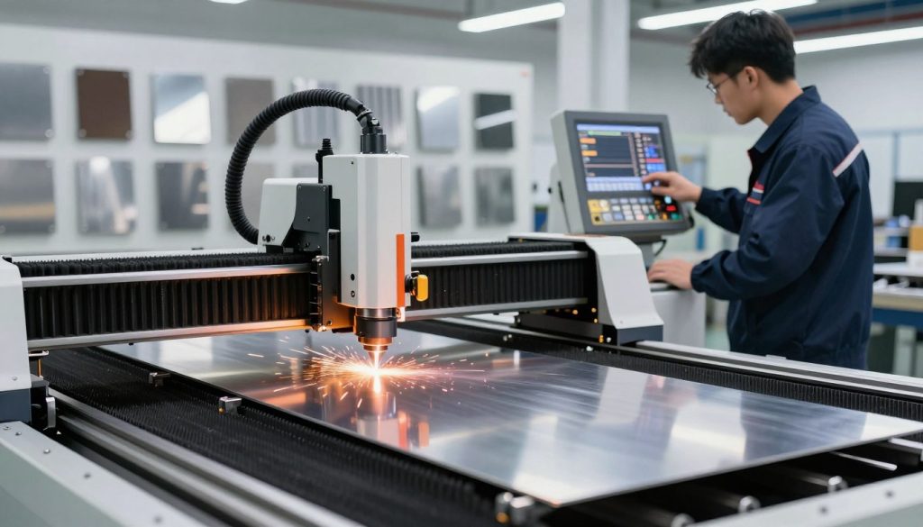 A high-tech laser cutting machine in action, set in a bright, modern workshop environment. In the foreground, show the laser cutting beam precisely slicing through a shiny metal sheet, with sparks and heat distortion effects visible. The middle ground features a technician in a professional outfit, intently adjusting settings on a digital control panel, emphasizing the process of optimizing cutting speed for different metals. The background includes various metal samples arranged neatly, showcasing materials like aluminum and steel, under bright industrial lighting that highlights the tools and machinery. The atmosphere conveys innovation and precision in technology, with a focus on the intricate details of the cutting process.