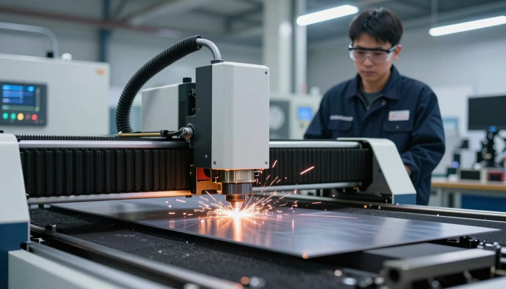 A high-tech laser cutting machine in action, set in a modern industrial workshop. In the foreground, focus on the precision cutting beam visibly slicing through a sheet of metal, with sparks flying. In the middle ground, a technician wearing professional attire observes the process closely, wearing safety goggles, illustrating the human aspect of the technology. The background shows various components and machines, along with illuminated panels that highlight the advanced technology of the workshop. Bright, focused lighting showcases the cutting beam's intensity, while softer ambient lighting provides depth to the environment. The atmosphere is one of innovation and precision, capturing the essence of laser cutting technology.