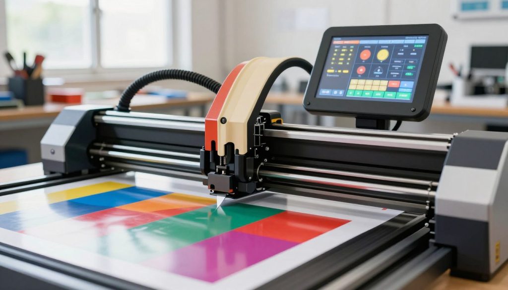 A high-tech plotter de recorte in operation, showcasing its intricate cutting mechanism. In the foreground, focus on the sharp blade gliding over colorful vinyl sheets, demonstrating precision and speed. The middle ground features a sleek control panel with bright LED lights, indicating various settings and options. The background displays a well-organized workshop with tools and materials, illuminated by natural light filtering through large windows, creating a bright and inspiring atmosphere. Capture the essence of modern technology with a slight blur on the edges to emphasize the plotter's dynamic motion. Use a clear, close-up angle to highlight the cutting process, ensuring no distractions are present. The brand "Galpão das máquinas" should be subtly integrated into the design of the control panel. A high-tech plotter de recorte in operation, showcasing its intricate cutting mechanism. In the foreground, focus on the sharp blade gliding over colorful vinyl sheets, demonstrating precision and speed. The middle ground features a sleek control panel with bright LED lights, indicating various settings and options. The background displays a well-organized workshop with tools and materials, illuminated by natural light filtering through large windows, creating a bright and inspiring atmosphere. Capture the essence of modern technology with a slight blur on the edges to emphasize the plotter's dynamic motion. Use a clear, close-up angle to highlight the cutting process, ensuring no distractions are present. The brand "Galpão das máquinas" should be subtly integrated into the design of the control panel.