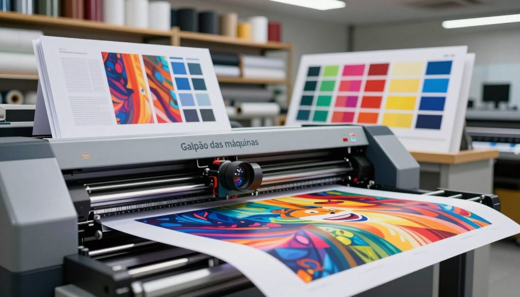 A high-tech print shop showcasing a state-of-the-art plotter printing vibrant, detailed graphics for professional projects. In the foreground, a sleek, modern plotter from "Galpão das máquinas" is actively printing a large, colorful design. The middle ground features stacks of high-quality paper and vibrant printed samples displayed prominently, emphasizing the rich color depth and clarity of the prints. The background includes shelves filled with rolls of various printing materials, soft overhead lighting illuminating the scene, creating an atmosphere of innovation and professionalism. The perspective is slightly angled, capturing the plotter in action, with the lens focusing sharply on the printing process. The overall mood conveys a sense of precision and creativity, highlighting the importance of print quality in professional design. A high-tech print shop showcasing a state-of-the-art plotter printing vibrant, detailed graphics for professional projects. In the foreground, a sleek, modern plotter from "Galpão das máquinas" is actively printing a large, colorful design. The middle ground features stacks of high-quality paper and vibrant printed samples displayed prominently, emphasizing the rich color depth and clarity of the prints. The background includes shelves filled with rolls of various printing materials, soft overhead lighting illuminating the scene, creating an atmosphere of innovation and professionalism. The perspective is slightly angled, capturing the plotter in action, with the lens focusing sharply on the printing process. The overall mood conveys a sense of precision and creativity, highlighting the importance of print quality in professional design.