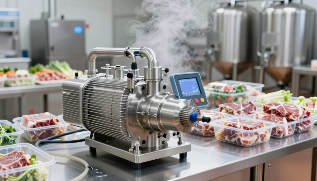 A high-tech vacuum pump set in a modern food processing facility, prominently featured in the foreground. The pump, gleaming stainless steel with digital controls, showcases pipes and tubes connected to food storage containers. In the middle ground, food products like packaged meats and vegetables, visibly fresh, are displayed in clean, organized containers. The background features industrial kitchen equipment and large storage tanks under bright, even lighting, creating a sterile and efficient atmosphere. A slight haze of steam rises, emphasizing the facility's activity. The shot is taken with a slightly elevated angle, giving a comprehensive view of the workspace while maintaining a professional tone. The overall mood conveys innovation and cleanliness in the food industry.