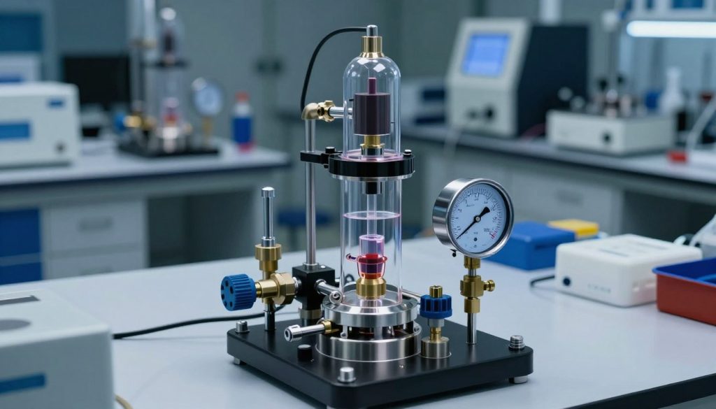 A high-tech vacuum system in a laboratory setting, showcasing a vacuum pump with transparent sections to illustrate the concept of absolute pressure. In the foreground, focus on the vacuum gauge displaying clear, measurable readouts, surrounded by sleek metal piping and valves. The middle ground features a clean, organized workbench with laboratory instruments and tools. The background is softly blurred to highlight the technical equipment, with dim, focused lighting enhancing the scientific atmosphere. Use a wide-angle lens to capture the depth of the workspace, emphasizing the precision and professionalism of the environment. The overall mood is one of innovation and research, conveying a sense of advanced technology and scientific inquiry. No people present in the image. A high-tech vacuum system in a laboratory setting, showcasing a vacuum pump with transparent sections to illustrate the concept of absolute pressure. In the foreground, focus on the vacuum gauge displaying clear, measurable readouts, surrounded by sleek metal piping and valves. The middle ground features a clean, organized workbench with laboratory instruments and tools. The background is softly blurred to highlight the technical equipment, with dim, focused lighting enhancing the scientific atmosphere. Use a wide-angle lens to capture the depth of the workspace, emphasizing the precision and professionalism of the environment. The overall mood is one of innovation and research, conveying a sense of advanced technology and scientific inquiry. No people present in the image.