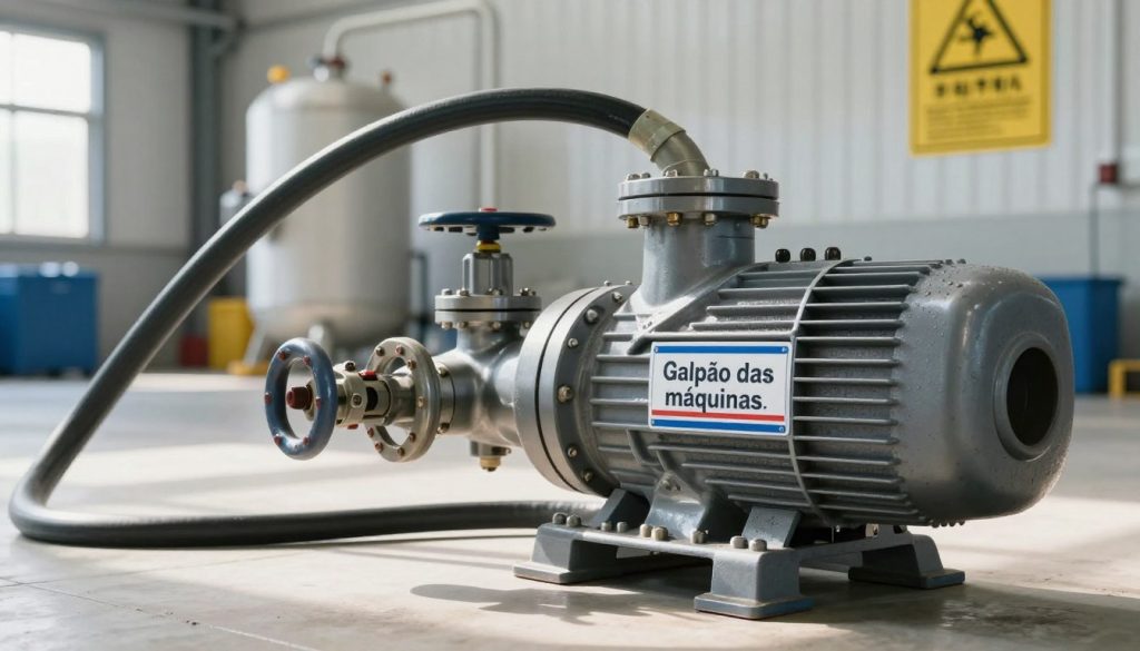 A highly detailed and realistic depiction of a corrosive liquid pump labeled "Galpão das máquinas." The foreground features a sturdy, metallic centrifugal pump with protective features, showcasing its robust design. In the middle, emphasize the pump's hoses and valves, illustrating their seamless connections and durability against corrosive liquids. The background should depict a clean, well-lit industrial facility, highlighting safety signage and proper storage for hazardous materials. Utilize natural lighting to create a bright atmosphere while also casting gentle shadows that emphasize the pump's contours. Capture the image from a low angle to emphasize the pump's importance and scale, conveying a professional and safe environment suitable for chemical handling. The overall mood should convey reliability and security in chemical processes. A highly detailed and realistic depiction of a corrosive liquid pump labeled "Galpão das máquinas." The foreground features a sturdy, metallic centrifugal pump with protective features, showcasing its robust design. In the middle, emphasize the pump's hoses and valves, illustrating their seamless connections and durability against corrosive liquids. The background should depict a clean, well-lit industrial facility, highlighting safety signage and proper storage for hazardous materials. Utilize natural lighting to create a bright atmosphere while also casting gentle shadows that emphasize the pump's contours. Capture the image from a low angle to emphasize the pump's importance and scale, conveying a professional and safe environment suitable for chemical handling. The overall mood should convey reliability and security in chemical processes.