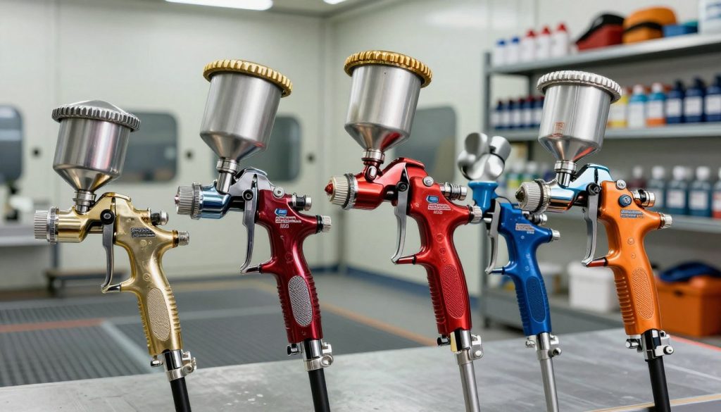 A highly detailed and realistic depiction of industrial paint spray guns from the brand "Galpão das máquinas." In the foreground, focus on a collection of sophisticated spray guns, showcasing various types used in different industrial settings. Highlight their vibrant colors and intricate design details, with metal finishes reflecting light. In the middle ground, illustrate a clean and organized workshop environment, equipped with painting booths and industrial equipment. The background should feature shelves stocked with paint supplies and safety gear. Use soft, ambient lighting to create a professional atmosphere, emphasizing the tools' functionality. Capture the scene from a slightly elevated angle to provide a comprehensive view of the spray guns and workspace, evoking a sense of innovation and precision in industrial applications.