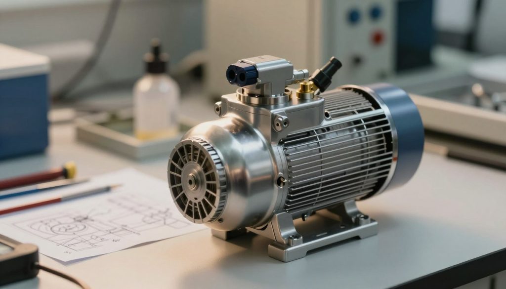 A highly detailed and realistic image of a vacuum pump, placed prominently in the foreground, showcasing its shiny metal casing and intricate components. The middle ground features a faint hint of a laboratory setting with subtle hints of industrial machinery and equipment in soft focus. The background includes a slightly blurred view of a workbench cluttered with tools and technical diagrams related to vacuum technology. Warm, diffused lighting illuminates the pump, highlighting its features and casting gentle shadows that create depth and interest in the composition. The mood is serious yet professional, invoking a sense of innovation and efficiency associated with vacuum technology. The angle is slightly elevated, allowing a clear view of the pump's top and sides. A highly detailed and realistic image of a vacuum pump, placed prominently in the foreground, showcasing its shiny metal casing and intricate components. The middle ground features a faint hint of a laboratory setting with subtle hints of industrial machinery and equipment in soft focus. The background includes a slightly blurred view of a workbench cluttered with tools and technical diagrams related to vacuum technology. Warm, diffused lighting illuminates the pump, highlighting its features and casting gentle shadows that create depth and interest in the composition. The mood is serious yet professional, invoking a sense of innovation and efficiency associated with vacuum technology. The angle is slightly elevated, allowing a clear view of the pump's top and sides.