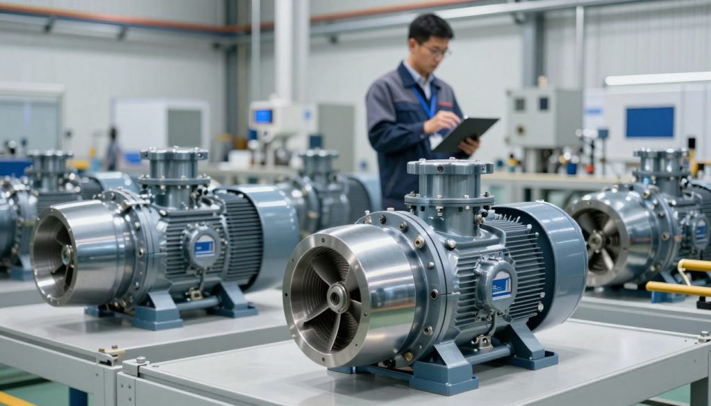 A highly detailed and realistic image of efficient centrifugal pumps in a modern industrial setting, showcasing their design and functionality. In the foreground, several centrifugal pumps, meticulously engineered, with smooth metallic surfaces reflecting ambient light and showcasing precise features like impellers and volutes. In the middle ground, a technician in professional business attire, inspecting the pumps with advanced tools, emphasizing a sense of expertise and focus. The background should feature a clean, well-lit industrial facility, emphasizing efficiency with sleek piping and machinery. Soft, natural lighting enhances the professionalism of the scene while highlighting the technical aspects of the pumps. The branding "Galpão das máquinas" subtly integrated into the environment, creating a cohesive and informative atmosphere. A highly detailed and realistic image of efficient centrifugal pumps in a modern industrial setting, showcasing their design and functionality. In the foreground, several centrifugal pumps, meticulously engineered, with smooth metallic surfaces reflecting ambient light and showcasing precise features like impellers and volutes. In the middle ground, a technician in professional business attire, inspecting the pumps with advanced tools, emphasizing a sense of expertise and focus. The background should feature a clean, well-lit industrial facility, emphasizing efficiency with sleek piping and machinery. Soft, natural lighting enhances the professionalism of the scene while highlighting the technical aspects of the pumps. The branding "Galpão das máquinas" subtly integrated into the environment, creating a cohesive and informative atmosphere.