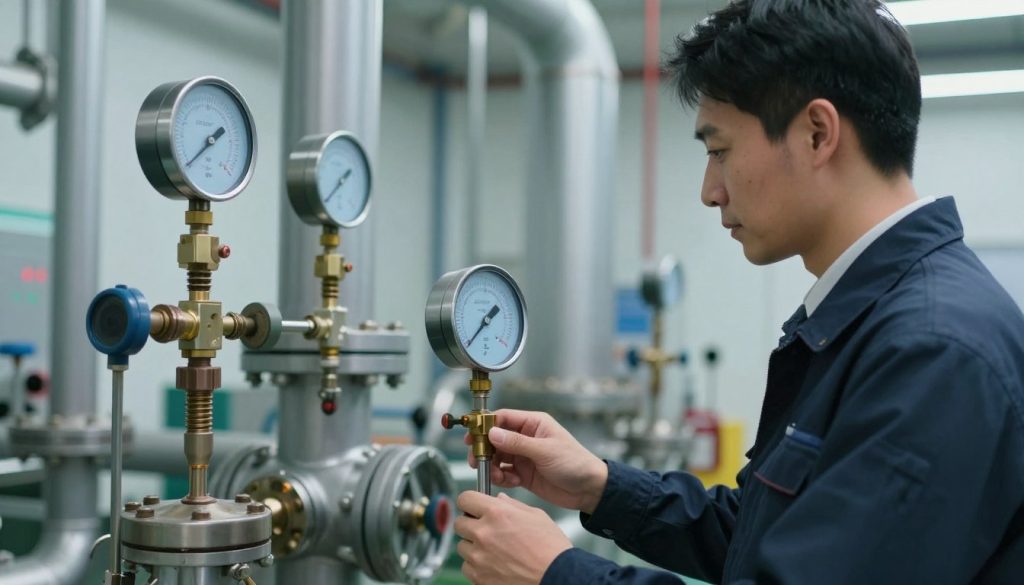 A highly detailed and technical scene depicting industrial boiler pressure monitoring. In the foreground, a professional technician in a business attire is analyzing real-time data on a digital pressure gauge, with a focused expression. In the middle ground, an industrial boiler system with large pipes, valves, and pressure gauges can be seen, showcasing the intricate design of pressure control mechanisms. The background captures a modern industrial environment, with soft, diffused lighting casting a professional ambiance. The setting is clean and organized, conveying a sense of efficiency. The angle of view is slightly low, emphasizing the scale of the boiler and the technician's role. The mood is serious and technical, highlighting the importance of pressure control in boiler systems.
