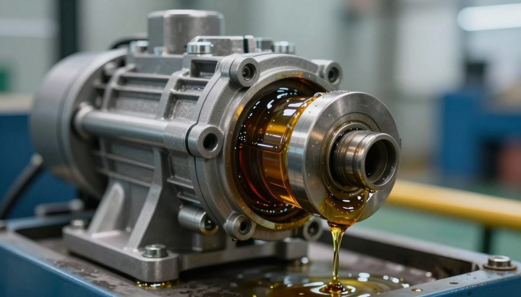 A highly detailed close-up of a hydraulic pump, showcasing the lubricant inside, illuminated by soft, natural light to highlight the viscosity and sheen of the oil. In the foreground, drops of the hydraulic lubricant glisten, capturing reflections of the surrounding machinery. The middle ground includes the hydraulic pump's metal components, with intricate textures and patterns visible. The background features blurred industrial elements, creating a sense of depth and context, such as pipes and machinery. The atmosphere conveys efficiency and precision, emphasizing the crucial role of hydraulic oil in machinery operations. The image should be captured from a slightly elevated angle to encapsulate the complexity of the hydraulic system while maintaining clarity and focus on the lubricant.
