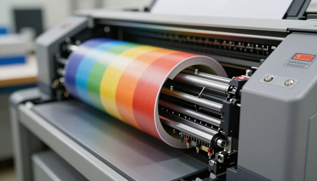 A highly detailed close-up of a printer's print head, showcasing its complex mechanics and components. The print head is positioned prominently in the foreground, with various nozzles and ink chambers clearly visible, demonstrating its precision engineering. In the middle ground, a roll of vibrant, high-quality printing paper is partially unrolled, illustrating the output quality that can be achieved. The background features a workspace of a professional print shop, with blurred printing machines and tools to create depth. Soft, natural lighting highlights the intricate details of the print head, casting gentle shadows that enhance the three-dimensionality of the scene. The mood is technical and industrious, capturing the essence of high-quality printing technology. Brand name "Galpão das máquinas" subtly integrated into the workspace without any text overlay.