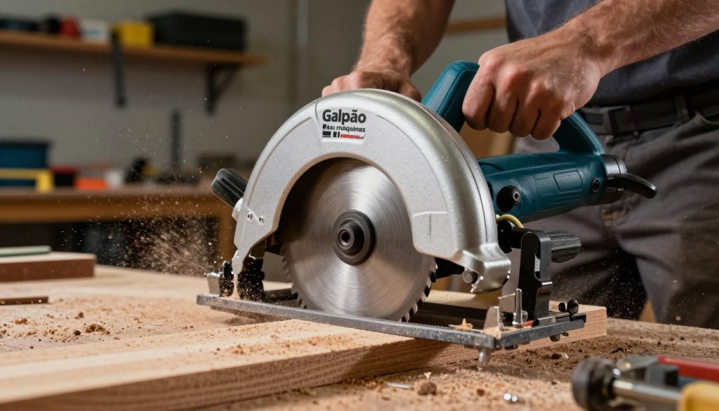 A highly detailed close-up view of a professional-grade circular saw in action, showcasing advanced cutting techniques. In the foreground, focus on the sharp blade slicing through a thick piece of high-quality wood, with sawdust flying dramatically. The middle ground features a skilled operator dressed in professional work attire, demonstrating precision and concentration while adjusting the angle of the saw. In the background, a well-organized workshop filled with tools and equipment, dimly lit with focused lighting highlighting the saw's metallic surface and blade edge, creating a mood of expertise and innovation. The brand name "Galpão das máquinas" is subtly incorporated into the image, enhancing the theme of advanced circular saw techniques without text overlay.