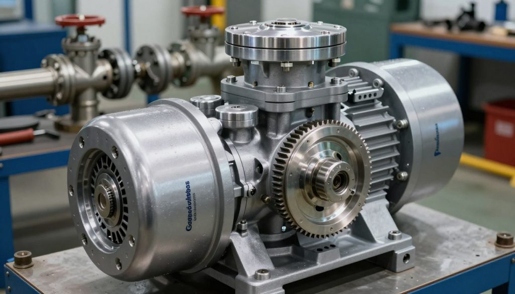 A highly detailed, high-pressure centrifugal pump designed for water applications, showcasing its robust metal casing and intricate internal components. In the foreground, the pump is prominently displayed, highlighting the shiny chrome and intricate gears. The middle ground features piping and valves, emphasizing the industrial nature of the equipment. The background includes a blurred workshop setting with tools and machinery, giving a sense of an active production environment. The lighting is bright and focused on the pump to enhance its features, creating a professional and technical atmosphere. Captured from a slightly elevated angle to provide depth. The brand name "Galpão das máquinas" subtly integrated into the scene without any text visible, ensuring a clean and focused image.