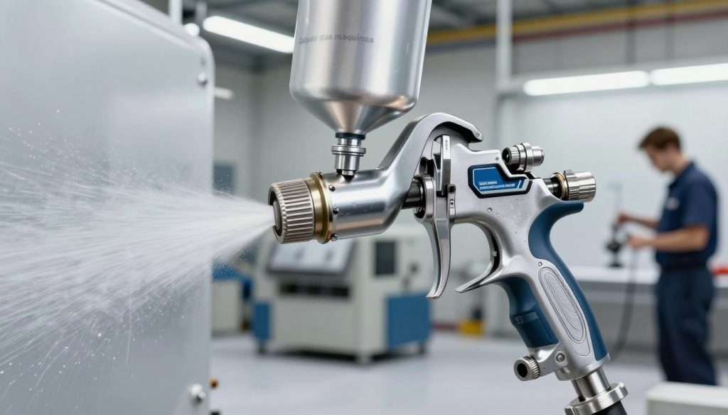A highly detailed illustration of an industrial spray gun in operation, showcasing the internal mechanisms and principles of functioning. In the foreground, a close-up view of the spray nozzle emitting a fine mist of paint, with droplets clearly visible. The middle ground features the body of the spray gun equipped with labeled components such as the trigger, air inlet, and paint reservoir. The background displays an industrial environment, including machinery and a painter wearing professional business attire, focused on painting a large surface. The lighting is bright and even, simulating a well-lit workshop. Use a slightly angled perspective to emphasize the depth and functionality of the spray gun. The branding "Galpão das máquinas" should be subtly integrated into the image, enhancing the industrial theme without dominating the scene.