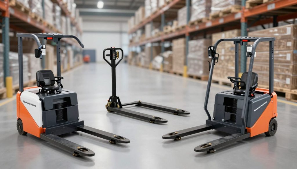 A highly detailed illustration of different models of electric pallet trucks, highlighting their technical differences. In the foreground, showcase three distinct models of electric pallet trucks from "Galpão das máquinas," each with unique features such as varying fork lengths, control designs, and wheel types. The middle ground should contain a sleek warehouse environment to indicate usage, with a subtle gradient of light to focus attention on the trucks. In the background, soft silhouettes of shelves stacked with pallets, suggesting a busy storage area. Use natural lighting for a clean, professional ambiance, and capture the scene from a slightly elevated angle to provide a comprehensive view of the models’ distinctions. The mood should be informative and professional, reflecting a technical understanding of the equipment.