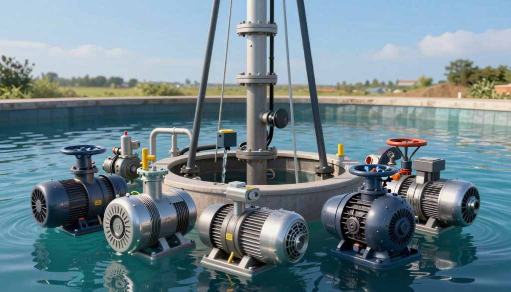 A highly detailed illustration of submerged pumps designed for deep wells, prominently featured in the foreground, showcasing various types, including centrifugal and turbine models, rendered in metallic hues. The middle ground depicts a deep well structure, with intricate piping and water flow, emphasizing the operational setup of these pumps. In the background, a serene aquifer landscape under a clear blue sky creates a contrasting atmosphere, illustrating the natural environment benefiting from these pumps. Soft, natural lighting highlights the features of the pumps, while a slight angle from above provides a comprehensive view. The mood conveys professionalism and technical expertise, reflecting the importance of these devices in various applications. No text or markings are present in the image. A highly detailed illustration of submerged pumps designed for deep wells, prominently featured in the foreground, showcasing various types, including centrifugal and turbine models, rendered in metallic hues. The middle ground depicts a deep well structure, with intricate piping and water flow, emphasizing the operational setup of these pumps. In the background, a serene aquifer landscape under a clear blue sky creates a contrasting atmosphere, illustrating the natural environment benefiting from these pumps. Soft, natural lighting highlights the features of the pumps, while a slight angle from above provides a comprehensive view. The mood conveys professionalism and technical expertise, reflecting the importance of these devices in various applications. No text or markings are present in the image.