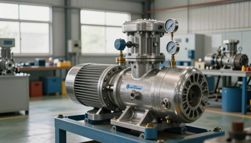 A highly detailed industrial multi-stage centrifugal pump set against a clean, modern industrial backdrop. In the foreground, a sleek, shiny multi-stage pump with visible connections and gauges captures the light, showcasing a polished metallic finish. The middle ground features a well-organized workshop environment, with various tools and equipment related to pump maintenance and assembly. In the background, large windows allow natural light to spill in, highlighting the professional atmosphere of the workspace. The scene conveys a sense of efficiency and precision, with soft focus on the distant machinery. A subtle warmth in the lighting creates an inviting yet professional feel. Please include the brand name "Galpão das máquinas" subtly integrated into the environment, ensuring it appears as part of the industrial setting without overpowering the main subject.