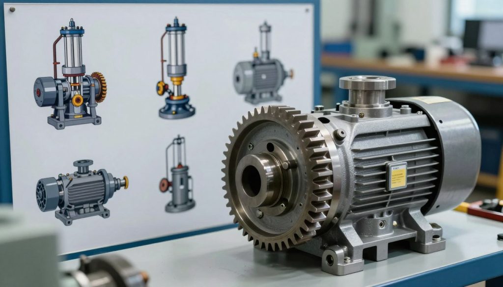 A highly detailed industrial scene showcasing a gear pump, positioned prominently in the foreground, with intricate gears and components glistening under soft, diffused lighting. The pump should exhibit realistic textures, highlighting its metallic surface and connecting pipes. In the middle ground, various hydraulic systems are illustrated, demonstrating the pump's applications in different industrial contexts, such as manufacturing and automotive. The background features a clean, organized workshop environment with tools and machinery subtly blurred to create depth, emphasizing the focus on the gear pump. The mood should be technical and professional, conveying innovation and efficiency, captured from a slightly elevated angle to provide an engaging perspective.