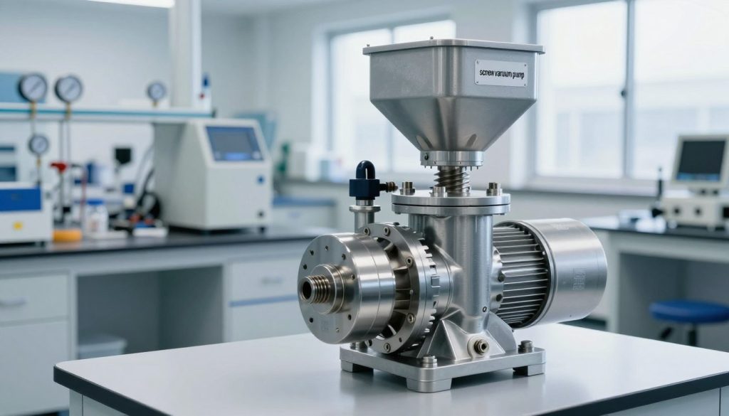 A highly detailed industrial scene showcasing a "screw vacuum pump" in a modern laboratory setting. The foreground features a sleek, metallic screw vacuum pump, with visible components such as the screws and hoppers. The middle ground includes laboratory equipment and a workbench cluttered with tools and pressure gauges, highlighting a professional environment. The background is filled with clean, white walls and large windows, allowing natural light to filter in, creating a bright and innovative atmosphere. The lighting is soft yet focused, accentuating the technical features of the pump. The image conveys a sense of precision and engineering excellence, ideal for educational purposes. A highly detailed industrial scene showcasing a "screw vacuum pump" in a modern laboratory setting. The foreground features a sleek, metallic screw vacuum pump, with visible components such as the screws and hoppers. The middle ground includes laboratory equipment and a workbench cluttered with tools and pressure gauges, highlighting a professional environment. The background is filled with clean, white walls and large windows, allowing natural light to filter in, creating a bright and innovative atmosphere. The lighting is soft yet focused, accentuating the technical features of the pump. The image conveys a sense of precision and engineering excellence, ideal for educational purposes.