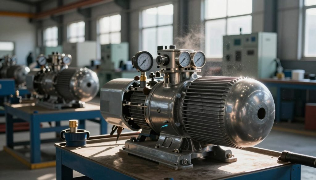A highly detailed industrial vacuum pump set within a factory environment. In the foreground, showcase a robust and sleek vacuum pump with metallic surfaces reflecting ambient light, featuring visible gauges and connectors. The middle ground should include various industrial machinery and equipment, demonstrating a busy workshop workflow. In the background, large windows allow natural light to pour in, highlighting dust particles in the air, creating a dynamic atmosphere. The scene should exude a sense of efficiency and professionalism, with shadows adding depth, all captured from a slightly elevated angle. The lighting should be balanced, with a mix of natural and artificial bulbs to enhance the industrial feel without harsh glare. A highly detailed industrial vacuum pump set within a factory environment. In the foreground, showcase a robust and sleek vacuum pump with metallic surfaces reflecting ambient light, featuring visible gauges and connectors. The middle ground should include various industrial machinery and equipment, demonstrating a busy workshop workflow. In the background, large windows allow natural light to pour in, highlighting dust particles in the air, creating a dynamic atmosphere. The scene should exude a sense of efficiency and professionalism, with shadows adding depth, all captured from a slightly elevated angle. The lighting should be balanced, with a mix of natural and artificial bulbs to enhance the industrial feel without harsh glare.