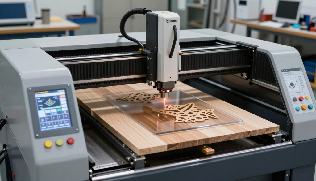 A highly detailed laser cutting machine in a modern workshop environment, showcasing the ideal configurations for different materials. In the foreground, the machine's control panel displays various settings for speed, power, and frequency, illuminated by soft overhead LED lighting. The middle layer features a sample of wood and acrylic sheets, each with precise cut patterns demonstrating optimal finishing quality. In the background, blurred workshop tools and equipment hint at an industrious atmosphere, while the overall lighting creates a professional and focused mood. The scene is captured from a slightly elevated angle, emphasizing the machine's intricate details and the precision of its operations, all without any text, logos, or distractions.
